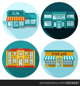 Cafe building front exterior flat icons set isolated vector illustration. Cafe Flat Set