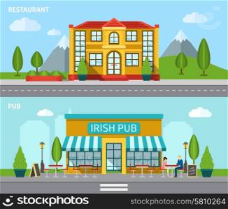 Cafe building front view flat horizontal banner set isolated vector illustration. Cafe Flat Banner Set
