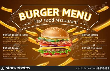 Cafe burgers menu. Realistic street fast food flyer with prices and ingredients, restaurant paper substrates design, tasty hamburger and fried potato flying. Banner template, utter vector concept. Cafe burgers menu. Realistic street fast food flyer with prices and ingredients, restaurant paper substrates design, tasty hamburger and fried potato flying, utter vector concept
