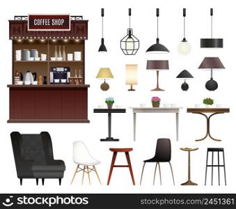 Cafe coffee shop interior details realistic set with chairs stools tables lamps and counter isolated vector illustration . Coffee Shop Realistic Set