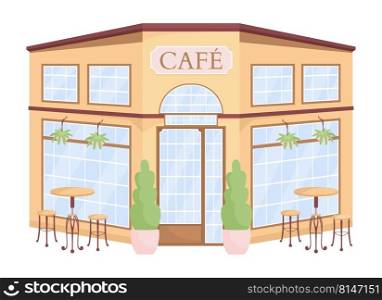 Cafe exterior semi flat color vector object. Editable figure. Full sized item on white. Restaurant simple cartoon style illustration for web graphic design and animation. Cardo font used. Cafe exterior semi flat color vector object