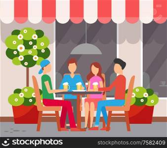Cafe facade, friends drinking beer and wine at table outdoors vector. Pub or bar summer terrace, plants and furniture, drinks and snack, striped tent. Friends Drinking Beer at Table near Cafe Facade