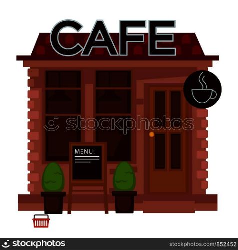 Cafe facade vector flat design isolated icon. Cafeteria building with windows, door and menu board or cafe cup sign for coffeeshop outdoor street view. Cafe facade exterior vector flat design isolated icon