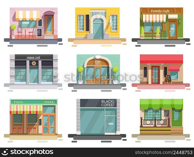 Cafe flat collection of nine isolated doodle style images with storefronts and different interior design elements vector illustration. Cafe Storefront Flat Set