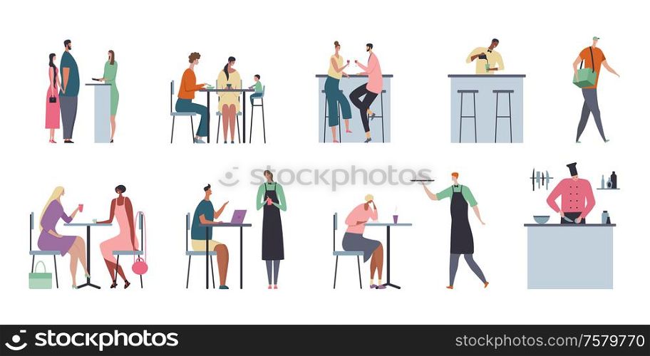 Cafe flat composition with isolated compositions of people and restaurant furniture with food on blank background vector illustration