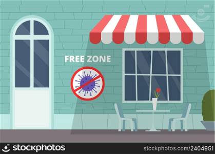Cafe free bacterias zone. Reopen restaurant, cafeteria. Safety public places for vaccinated people vector background. Illustration stop epidemic and reopen information, freedom zone from infection. Cafe free bacterias zone. Reopen restaurant, cafeteria. Safety public places for vaccinated people vector background