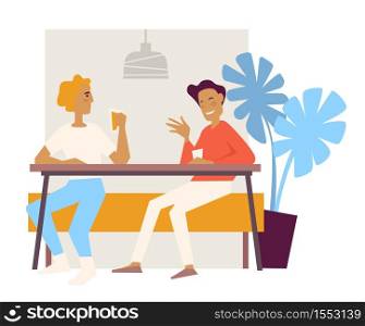 Cafe friends drinking coffee on couch with table cafeteria vector male characters on seat indoor plant bar or bistro communication break or lunch meeting hot beverage and conversation public place. Friends at cafe drinking coffee on couch with table cafeteria