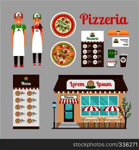 Cafe front design, food and stuff of Pizza house. Vector icons set. Pizza Cafe front design icons set