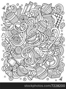 Cafe hand drawn vector doodles illustration. Coffee poster design. Tea time elements and objects cartoon background. Line art funny picture. Cafe funny hand drawn vector doodles illustration.