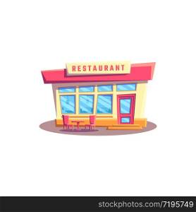 Cafe house facade in flat style, restaurant building with table and two chairs outdoors isolated. Vector street food, glass cafeteria, american diner. Local restaurant commercial building, coffee shop. Restaurant exterior building facade.Chairs, table