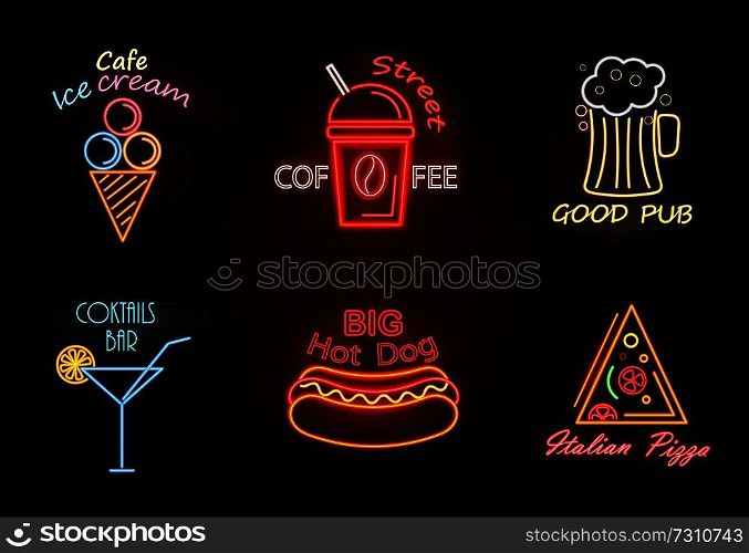 Cafe ice cream and street coffee, good pub and cocktails bar, hot dog and Italian pizza slice, neon signs collection isolated on vector illustration. Cafe Ice Cream Street Coffee Vector Illustration