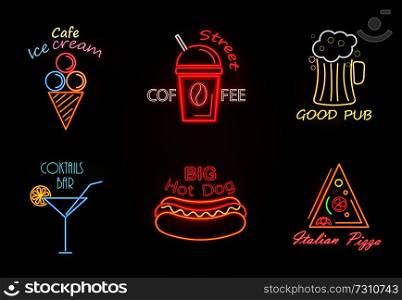Cafe ice cream and street coffee, good pub and cocktails bar, hot dog and Italian pizza slice, neon signs collection isolated on vector illustration. Cafe Ice Cream Street Coffee Vector Illustration