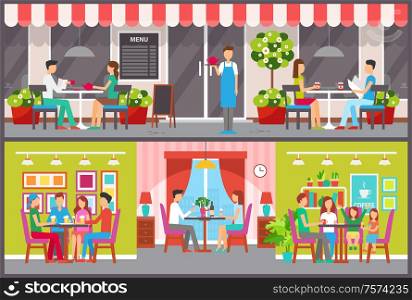 Cafe interior and exterior, men and women drinking beer, tea or soda vector. Waiter and family or friends sitting at tables, wall menu and teapot. Men and Women in City Cafe, Interior and Exterior