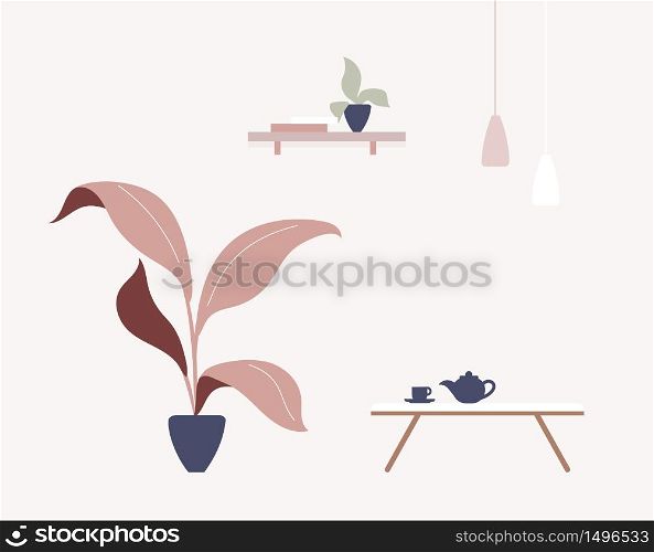 Cafe interior cartoon vector illustration. Coffee house furniture flat color objects. Furnished cozy cafeteria. Houseplants in living room. Teapot and cup on coffee table isolated on pink background. Cafe interior cartoon vector illustration