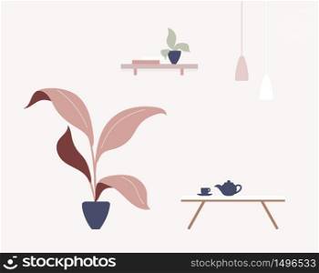 Cafe interior cartoon vector illustration. Coffee house furniture flat color objects. Furnished cozy cafeteria. Houseplants in living room. Teapot and cup on coffee table isolated on pink background. Cafe interior cartoon vector illustration