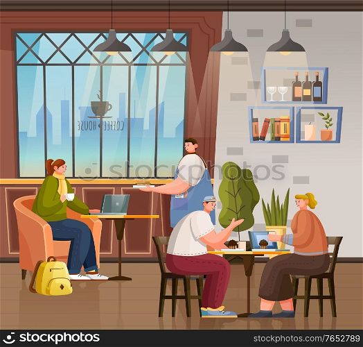 Cafe interior, coffeehouse with customers drinking coffee and enjoying talk. Woman freelancer of student working on laptop in restaurant. People dining or having breakfast. Vector in flat style. Coffeehouse with Visitors and Clients, Interior