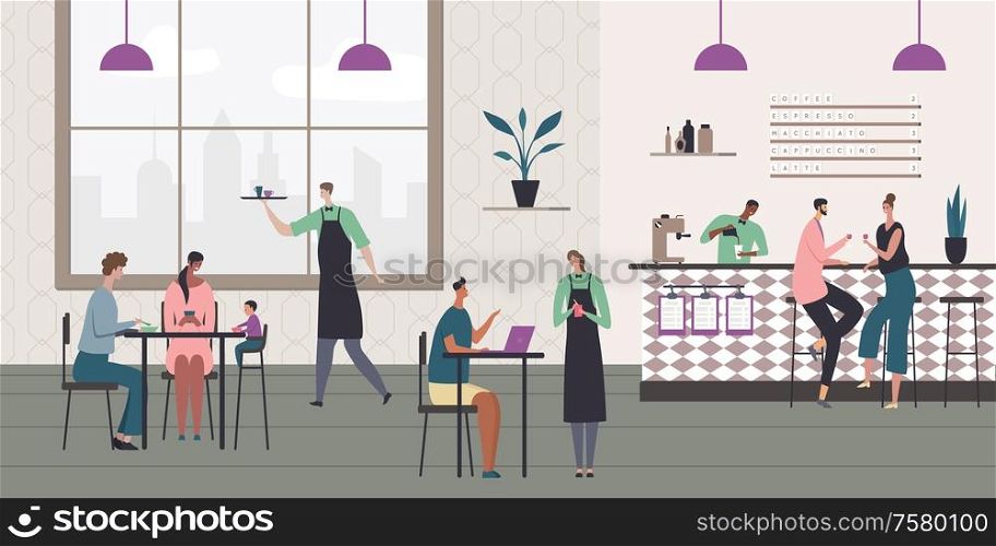 Cafe interior flat composition with indoor view of restaurant with waiters bartenders and guests human characters