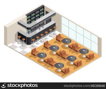 Cafe Interior Isometric Illustration. Color isometric design of cafe interior with bar table vector illustration