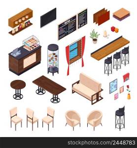 Cafe interior restaurant pizzeria bistro canteen isometric elements set of isolated furniture and shop display images vector illustration. Cafe Dining Furniture Collection