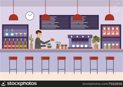 Cafe interior. Room of the bar. Barista holds a coffee pot. Vector flat illustration.