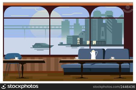 Cafe interior with tables and couch vector illustration. Windows with city and river view. Cafe concept. For websites, wallpapers, posters or banners.