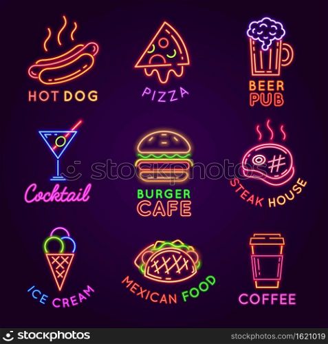 Cafe neon signs. Food and drink glowing light billboards. Burger and pizza restaurant, beer pub, steak house and coffee bar sign vector set. Advertisement for selling ice cream and cocktail. Cafe neon signs. Food and drink glowing light billboards. Burger and pizza restaurant, beer pub, steak house and coffee bar sign vector set
