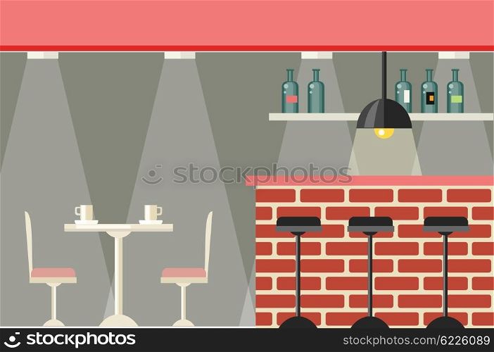 Cafe or Bar Interior Design Flat. Cafe or bar interior design flat. Iinterior of a cafe or a pub with furniture table and chairs. Bar brick counter with a large selection beverages illuminated with bright lights. Vector illustration