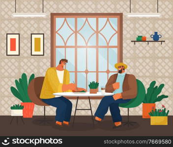 Cafe or coffee house, men talking eating out, modern place interior, drink and snack vector. Men chat and eat salad, have rest or relax. Restaurant in loft style, guy drinking coffee illustration. Eating Out at Modern Cafe, Coffee or Tea and Snack