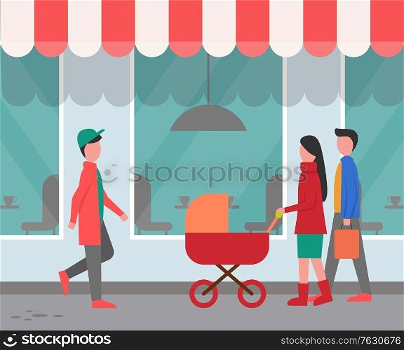 Cafe or restaurant exterior, city street with passers-by. Parents with baby carriage and guy. People near window of cafe with tables and chairs silhouettes in windows, striped tent. Vector flat style. Restaurant Exterior, City Street with Passers-By