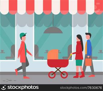 Cafe or restaurant exterior, city street with passers-by. Parents with baby carriage and guy. People near window of cafe with tables and chairs silhouettes in windows, striped tent. Vector flat style. Restaurant Exterior, City Street with Passers-By