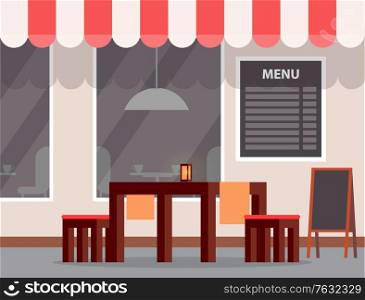 Cafe or restaurant exterior, outdoor table and chairs, menu sign vector. Wooden furniture for cafeteria, striped tent and lamp, front wall or facade. Outdoor Table and Menu, Cafe or Cafeteria Exterior