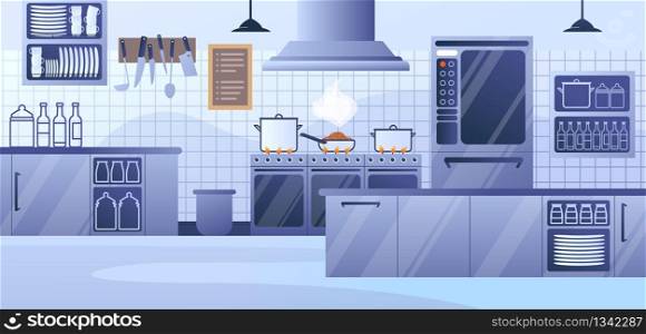 Cafe or Restaurant Kitchen Flat Vector Empty Interior. Contemporary Appliances, Dishware on Shelve, Meal Cooking in Frying Pan on Gas Stove, Microwave Oven and Stainless Steel Furniture Illustration