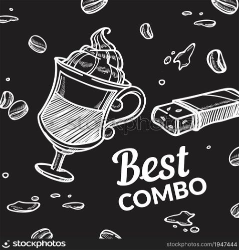 Cafe or restaurant special meal, promotional banner advertisement of coffee with mousse and cookie. Roasted beans for making espresso or latte. Monochrome sketch outline, vector in flat style. Best combo, coffee latter with mousse and cake