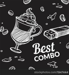 Cafe or restaurant special meal, promotional banner advertisement of coffee with mousse and cookie. Roasted beans for making espresso or latte. Monochrome sketch outline, vector in flat style. Best combo, coffee latter with mousse and cake