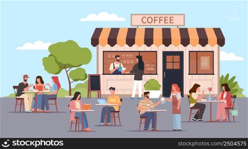 Cafe outdoor visitors. People in summer restaurant, customers sitting at tables, street food, open coffee house with barista. Men and women eating and drinking, vector cartoon flat isolated concept. Cafe outdoor visitors. People in summer restaurant, customers sitting at tables, street food, open coffee house with barista. Men and women eating, vector cartoon flat isolated concept