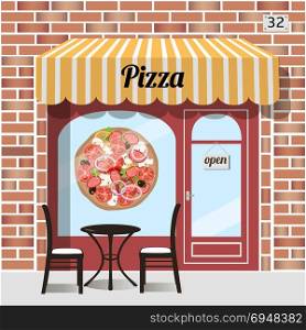 Cafe pizza. Fast food.. Cafe pizza. Fast food. Table and chairs at the fore, pizza sticker on window. Red brick facade. Vector illustration.