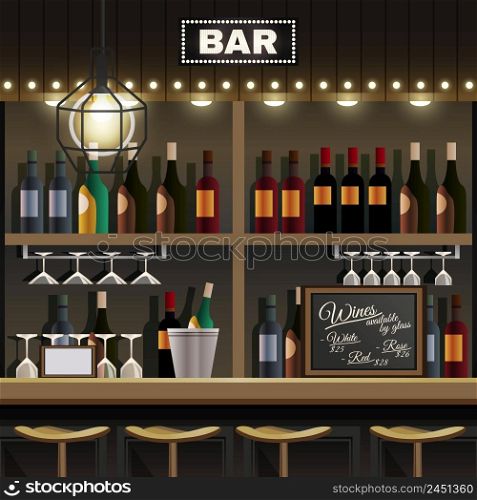 Cafe restaurant pub bar realistic interior detail with wine liquor bottles display shelves and counter stools vector illustration . Bar Interior Realistic
