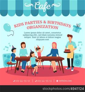 Cafe Restaurant Service Flat Poster Advertisement . Healthy food for kids birthday parties with special treats cafe restaurant catering advertisement poster flat vector illustration