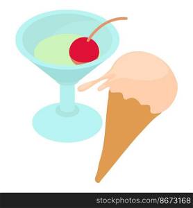 Cafe service icon isometric vector. Glass of martini, ice cream in waffle cone. Dessert, sweet food, alcoholic drink. Cafe service icon isometric vector. Glass of martini ice cream in waffle cone
