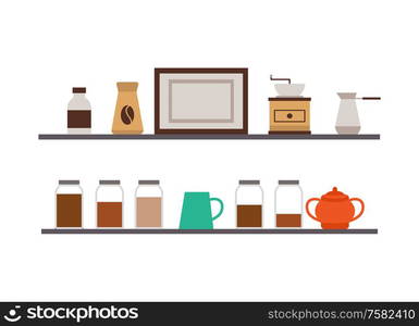 Cafe shelves, coffee and tea, grinder and turk, sugar vector. Bottles and jars or packs, empty frame, bar or cafeteria interior design element, drinks. Coffee and Grinder, Turk and Sugar, Cafe Shelves