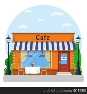 Cafe shop exterior. Street restraunt building. Cityscape, buildings, clouds. Vector illustration in flat style. Cafe shop exterior.