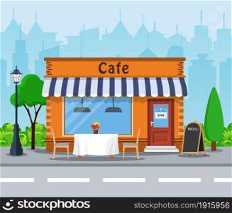 Cafe shop exterior. Street restraunt building. Cityscape, buildings, clouds. Vector illustration in flat style. Cafe shop exterior.