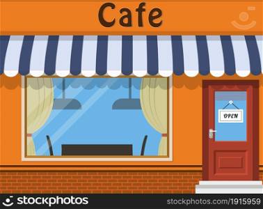 Cafe shop exterior. Street restraunt building. Vector illustration in flat style. Cafe shop exterior.