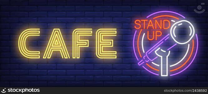 Cafe Stand Up neon sign. Glowing bar microphone in circle frame on brick background. Night bright advertisement. Vector illustration in neon style for stand up, concert and performance