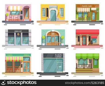 Cafe Storefront Flat Set. Cafe flat collection of nine isolated doodle style images with storefronts and different interior design elements vector illustration