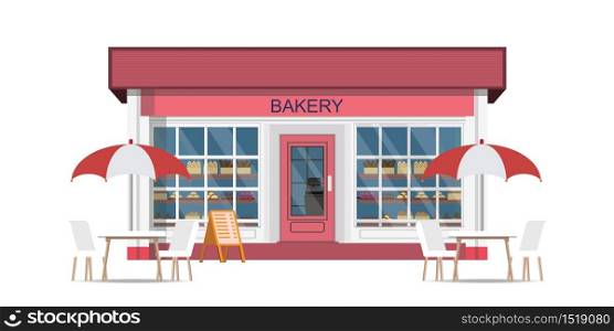 Cafe street coffee shop with chairs and table at front view of bakehouse building or bakery shop, Vector Illustration.