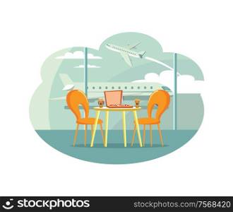 Cafe table at airport with pizza in box and coffee vector. Dining furniture near window with airplanes, fast food and drink, pizzeria and cafeteria. Cafe Table at Airport with Pizza in Box and Coffee