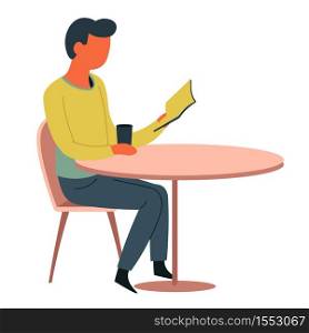Cafe table man reading book and drink cup isolated male character vector cafeteria or office canteen coffee break education and knowledge worker or student lunch time hot beverage and textbook. Man reading at cafe table book and cup isolated character