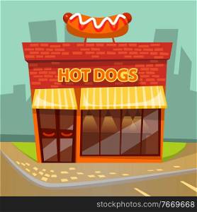 Cafe that serves hot dogs, bun with sausage and sauces. Brick building, facade exterior design. Cafeteria with traditional american cuisine with junk meals. Vector illustration in flat style. Hot Dogs Cafe, Cafeteria Building, Facade Exterior