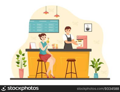 Cafe Vector Illustration of Interior with Bar stand, Table and Armchairs in Flat Cartoon Hand Drawn Landing Page Restaurant Background Templates